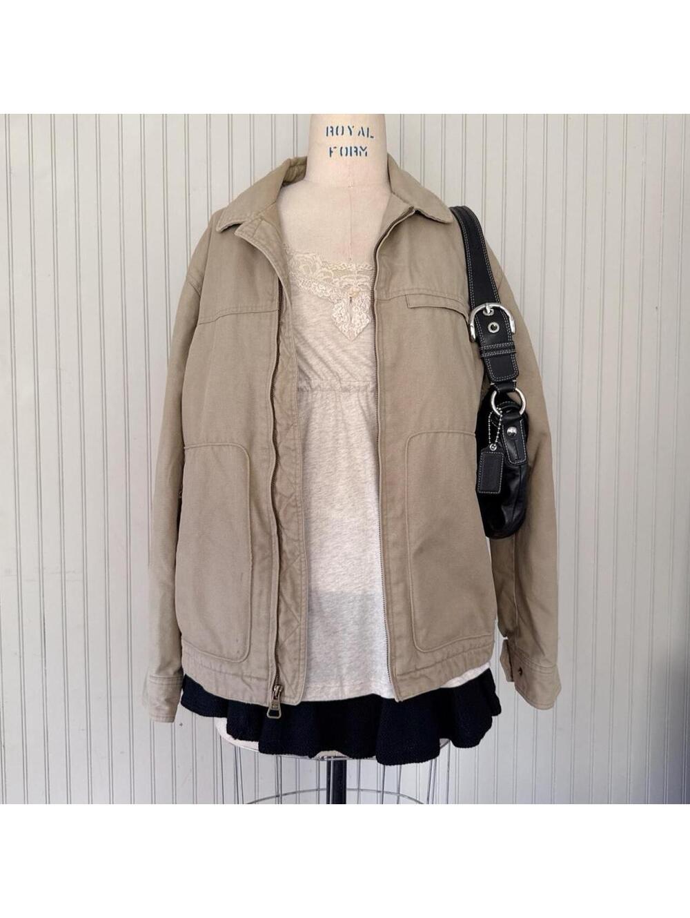 Dockers Khaki Canvas Work Jacket Zip Front Workwear Chore Jacket